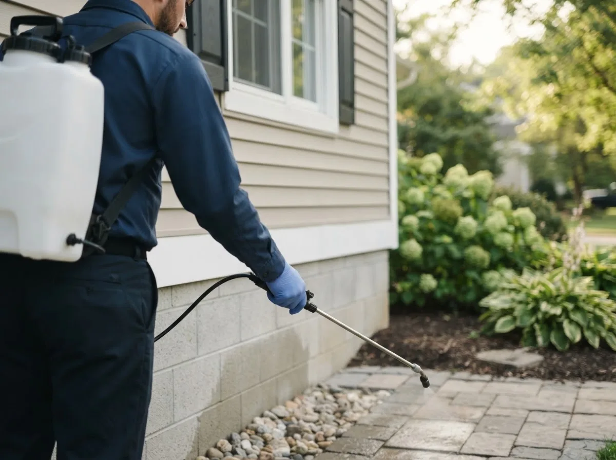 Pest control technician inspecting a home in Oakfield, NY